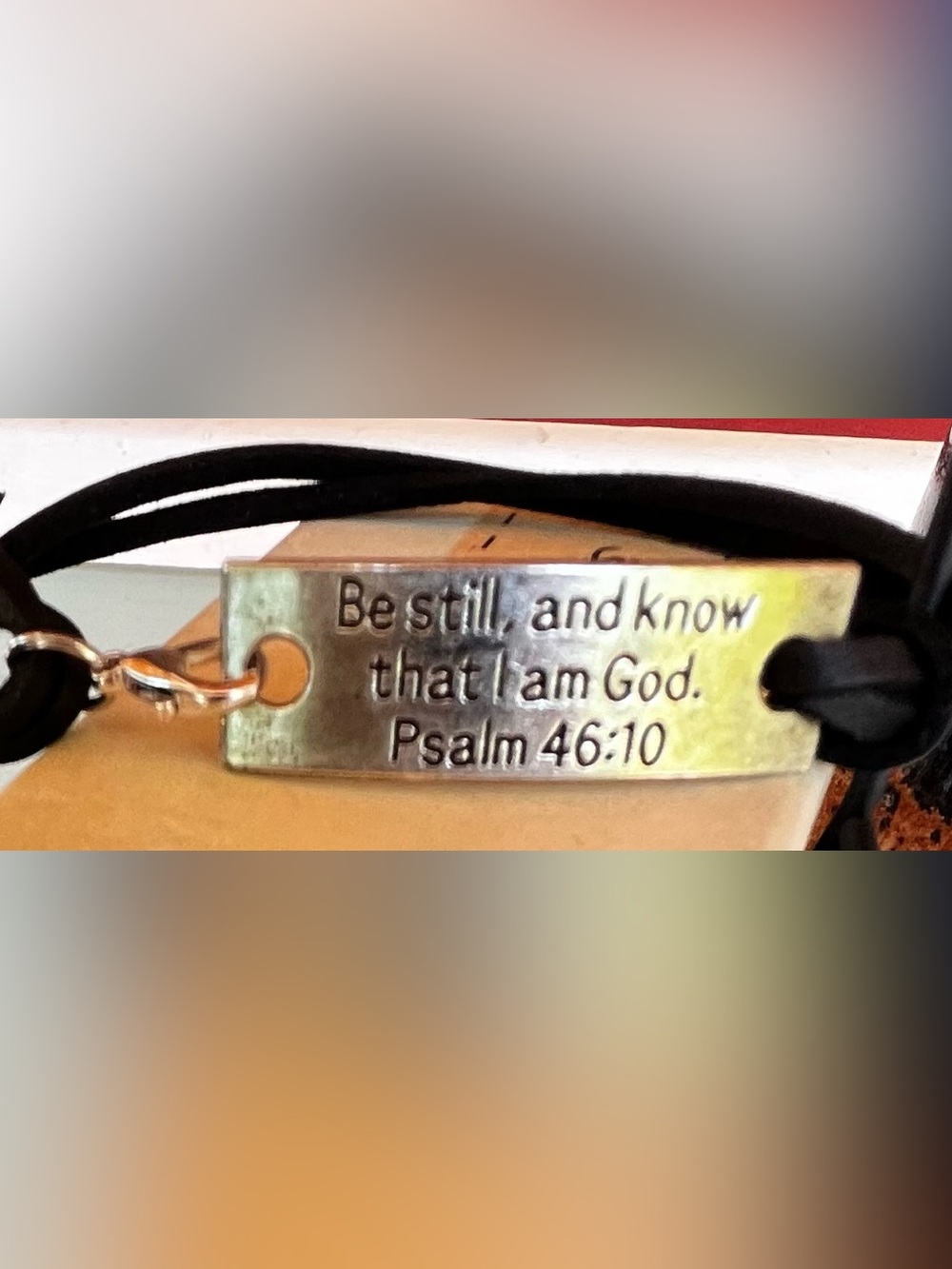 Psalm 46:10 Be Still Black Leather Bracelet W/Engraved Plate. Scripture bracelet